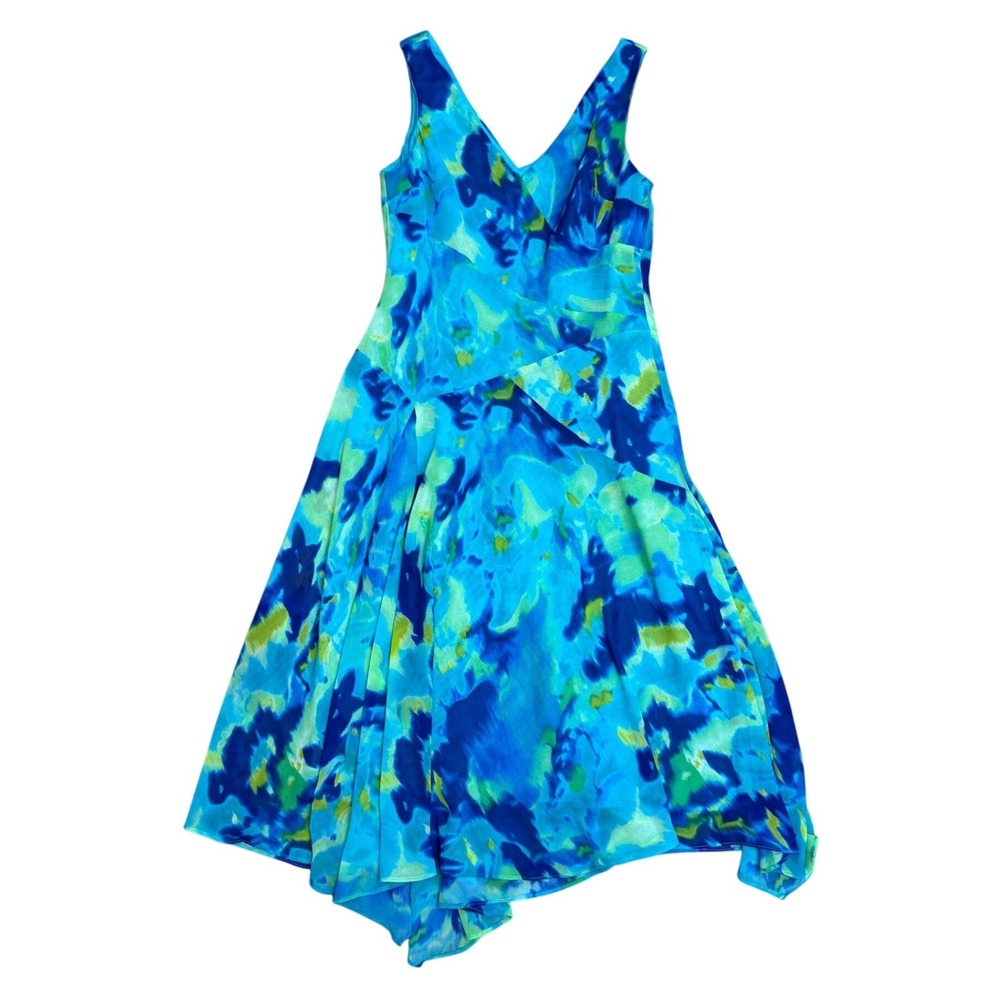 Vtg y2k Blue Green Watercolor Abstract Handkerchief Hem Dress 10P whimsy resort